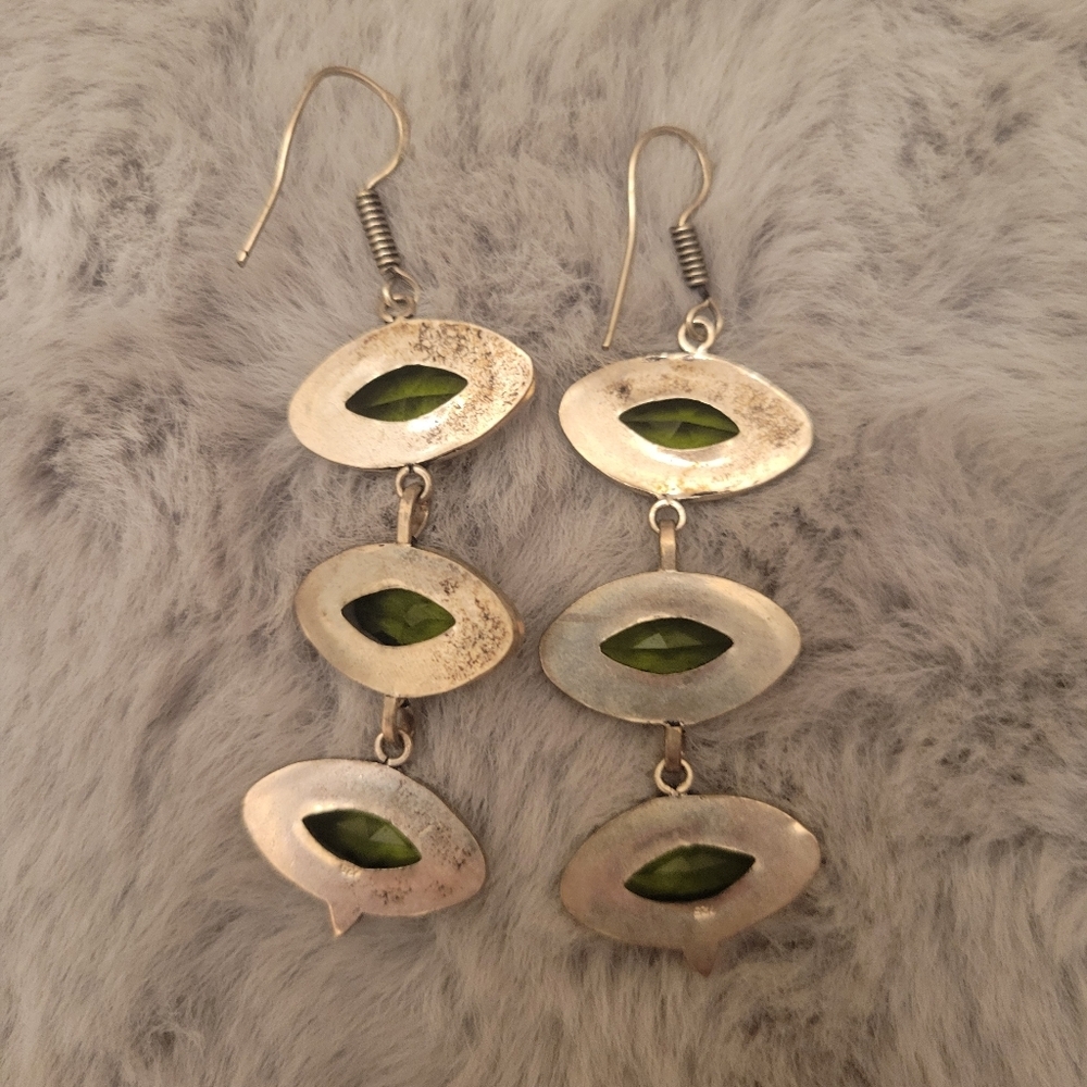 Three Marquise Light Green Gemstones Drop Earrings - Picture 5 of 6